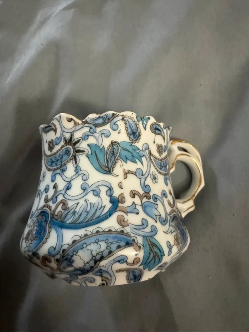 Blue & White Floral Porcelain Coffee Mug with Gold Accent